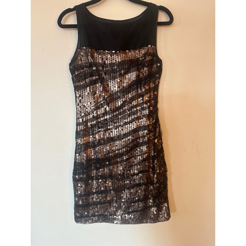 Cynthia Steffe Metallic Sequin Mesh Sheath Cocktail Dress Black Silver Bronze 0